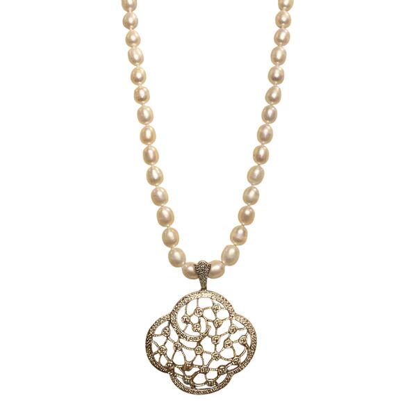 Sterling Silver & Freshwater Pearl Necklace w/ Removable Sterling & Zircon Pend. - Picture 1 of 12